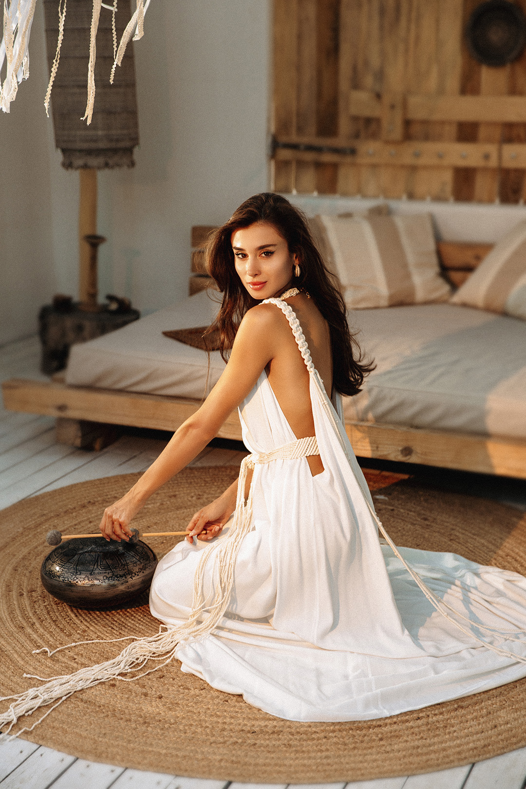 Flow boho dress in off-white, made from 100% eco-viscose with macramé cotton thread detailing, handcrafted by OYI-BOHO