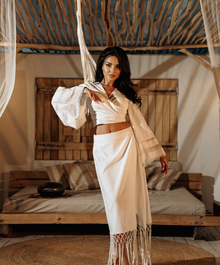 Vibration Suit white boho set, handcrafted from 100% linen with macramé weaving, inspired by cosmic energy, designed by OYI-BOHO.